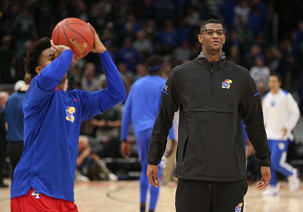 Kansas forward Billy Preston watches during warmups on Tuesday, Nov. 14, 2017 at United Center. Preston was held out of Tuesday's contest.