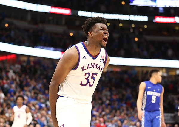 Kansas center Udoka Azubuike (35) roars after a foul by Kentucky late in the second half on Tuesday, Nov. 14, 2017 at United Center.