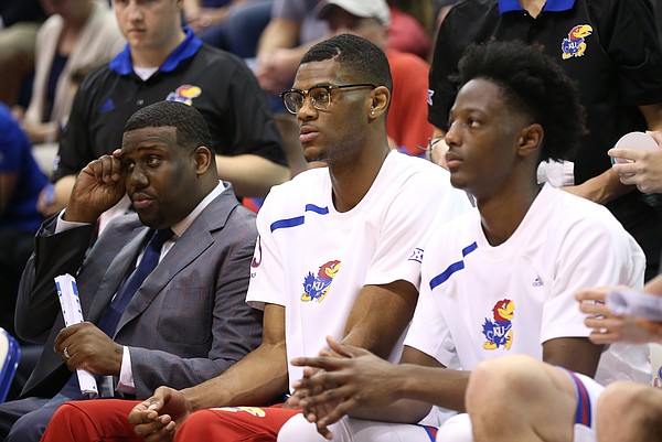 Kansas forward Billy Preston (23) sits on the bench during the second half on Friday, Nov. 17, 2017 at Allen Fieldhouse.
