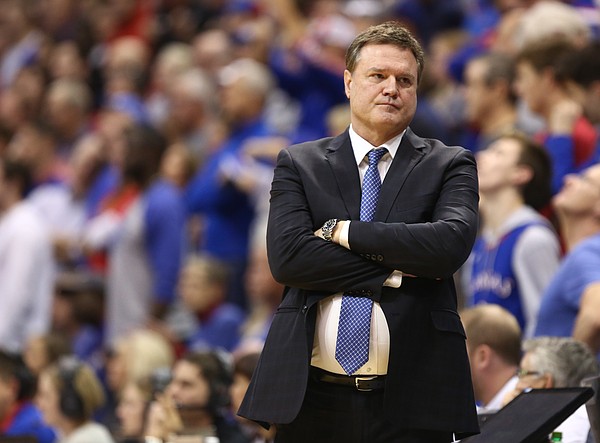 Kansas head coach Bill Self shows his frustration during the second half, Sunday, Dec. 10, 2017 at Allen Fieldhouse.