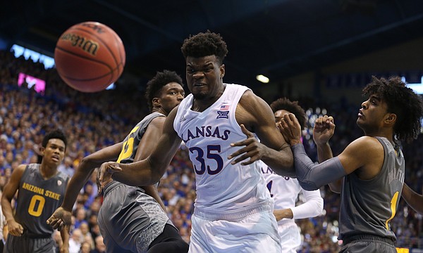 Kansas center Udoka Azubuike (35) loses the ball out of bounds during the second half, Sunday, Dec. 10, 2017 at Allen Fieldhouse.