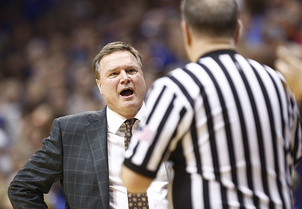 Kansas head coach Bill Self has words with an official during the second half, Tuesday, Jan. 2, 2018 at Allen Fieldhouse.