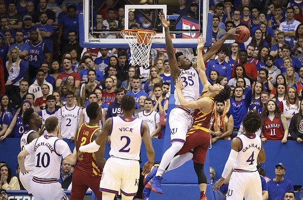Kansas center Udoka Azubuike (35) rejects a shot from Iowa State guard Lindell Wigginton (5) during the first half, Tuesday, Jan. 9, 2018 at Allen Fieldhouse.