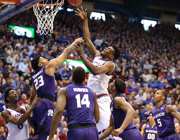 Kansas center Udoka Azubuike (35) puts up a shot against Kansas State guard Amaad Wainright (23) during the first half, Saturday, Jan. 13, 2018 at Allen Fieldhouse.
