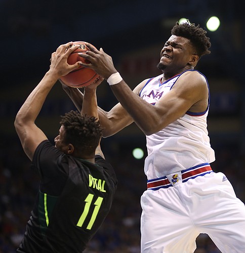 Kansas center Udoka Azubuike (35) fights for a rebound with Baylor forward Mark Vital (11) during the second half, Saturday, Jan. 20, 2018 at Allen Fieldhouse.