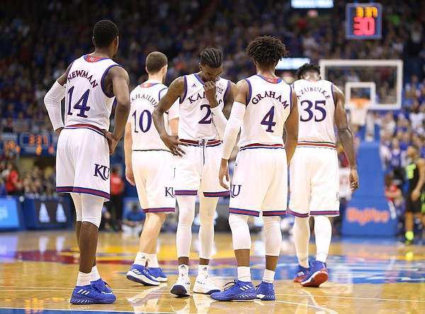 The Jayhawks try to pull it together during the second half, Saturday, Jan. 20, 2018 at Allen Fieldhouse.