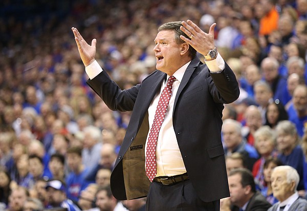 Kansas head coach Bill Self reacts to a call during the second half, Saturday, Feb. 3, 2018 at Allen Fieldhouse.