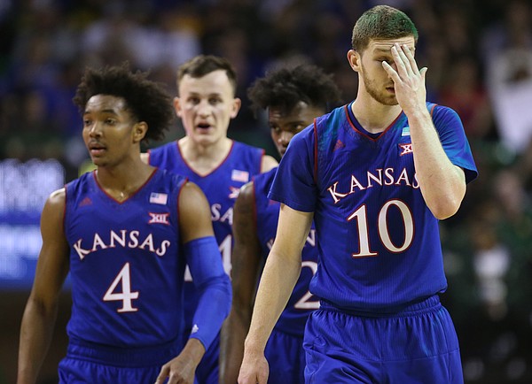 Kansas guard Sviatoslav Mykhailiuk (10) and the Jayhawks come back into the game after a timeout late in  the second half, Saturday, Feb. 11, 2018 at Ferrell Center in Waco, Texas.