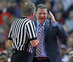 Texas Tech coach Chris Beard argues a call with the referee during the second half of an NCAA college basketball game against West Virginia, Saturday, Jan. 13, 2018, in Lubbock, Texas. (AP Photo/Brad Tollefson)

