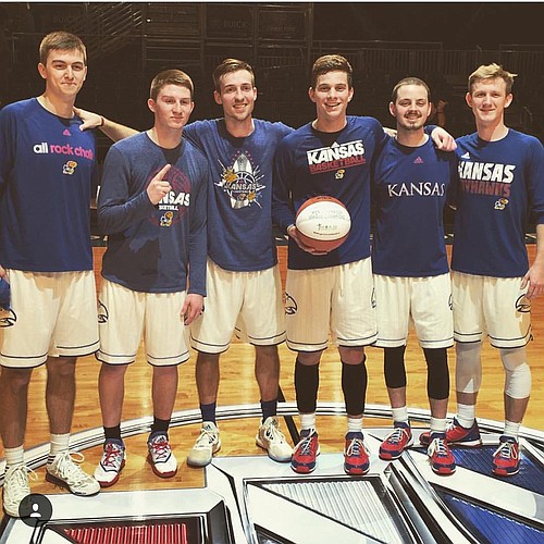 KU's 2016 national championship squad of the first ever manager games. From left to right are: Left to right: Justin Bengston, Brayden Carroll, Chip Kueffer, Tim Skoch, Jay Turnipseed and Collin Cook. Along with KU seniors Devonte' Graham, Svi Mykhailiuk and Clay Young, Carroll and Cook will say goodbye to Allen Fieldhouse tonight, albeit a little more quietly than that trio, at KU's annual Senior Night. 