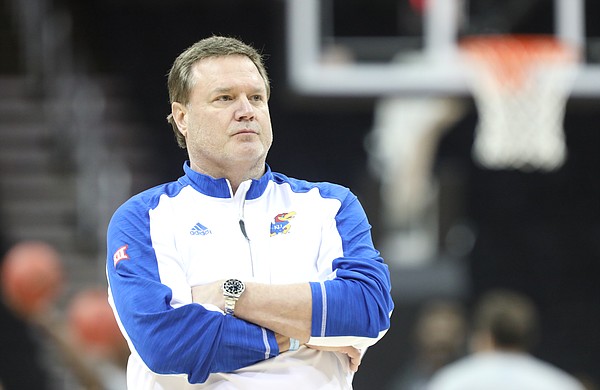 Kansas head coach Bill Self watches over during a shoot around on Wednesday, March 7, 2018 at Sprint Center in Kansas City, Mo.
