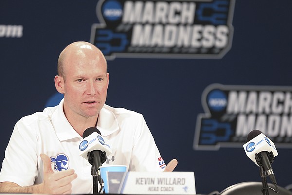 Seton Hall head coach Kevin Willard talks with media members during a press conference on Friday, March 16, 2018 at Intrust Bank Arena in Wichita, Kan.