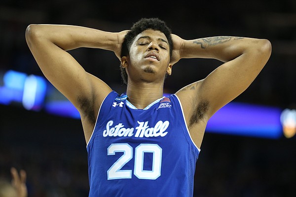 Seton Hall forward Desi Rodriguez (20) shows his frustration late in the second half, Saturday, March 17, 2018 in Wichita, Kan.