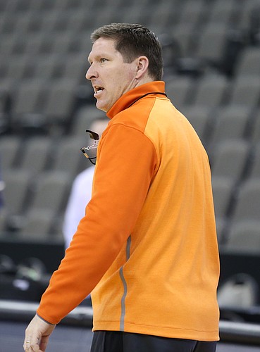 Clemson head coach Brad Brownell conducts the Tigers practice on Thursday, March 22, 2018 at CenturyLink Center in Omaha, Neb.
