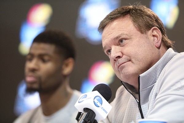 Kansas head coach Bill Self listens to a question during a press conference on Saturday, March 24, 2018 at CenturyLink Center in Omaha, Neb.