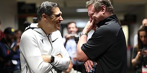 Villanova head coach Jay Wright, left, and Kansas head coach Bill Self have a laugh in the hallway while waiting to do a joint interview on Thursday, March 29, 2018 at the Alamodome in San Antonio, Texas.