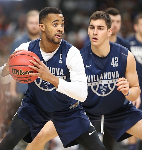 Villanova guard Phil Booth (5) looks to make a move against Villanova forward Dylan Painter (42) during a practice on Friday, March 30, 2018 at the Alamodome in San Antonio, Texas.