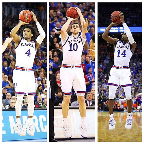 Outgoing Jayhawks, from left to right, Devonte' Graham, Svi Mykhailiuk and Malik Newman during the 2017-18 season teamed with Lagerald Vick and others to set a school record with 391 3-pointers, shattering the old mark of 218. With those four players leaving Lawrence in the offseason, KU coach Bill Self will be seeking to replace a whopping 94.4 percent of his 3-point makes with an almost entirely new crew of guards in 2018-19.