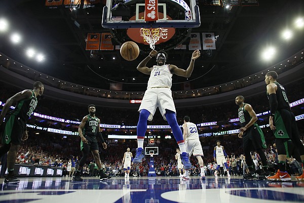 Philadelphia 76ers' Joel Embiid in action during Game 4 of an NBA basketball second-round playoff series against the Boston Celtics, Monday, May 7, 2018, in Philadelphia. (AP Photo/Matt Slocum)