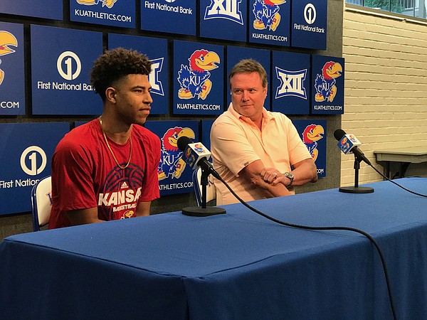University of Kansas freshman guard Quentin Grimes and basketball coach Bill Self discuss their recent involvement with USA Basketball during a press conference on June 19, 2018, inside Allen Fieldhouse.