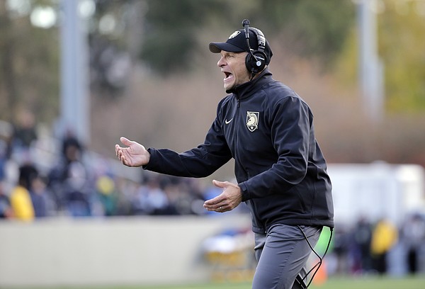 Army head coach Jeff Monken yells to officials during the second half of an NCAA college football game against Tulane on Saturday, Nov. 14, 2015, in West Point, N.Y. (AP Photo/Mike Groll)