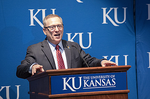 New University of Kansas athletic director Jeff Long addresses those gathered for his introductory news conference on Wednesday, July 11, 2018 at the Lied Center Pavilion.