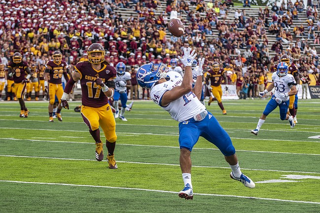 Kansas senior receiver Kerr Johnson Jr. catches a touchdown pass during the first half against Central Michigan on Saturday, Sept. 8, 2018 at Kelly/Shorts Stadium in Mount Pleasant, Mich.