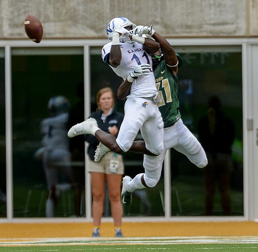 Baylor cornerback Harrison Hand (31) breaks the pass intended for Kansas wide receiver Steven Sims Jr. (11) during the second half of an NCAA college football game, Saturday, Sept. 22, 2018, in Waco, Texas. (Ernesto Garcia/Waco Tribune Herald)