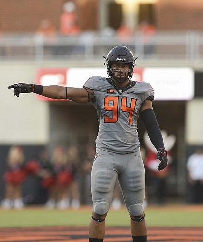 Oklahoma State's Jordan Brailford during the first half of an NCAA college football game in Stillwater, Okla., Saturday, Sept. 22, 2018.(AP Photo/Brody Schmidt)