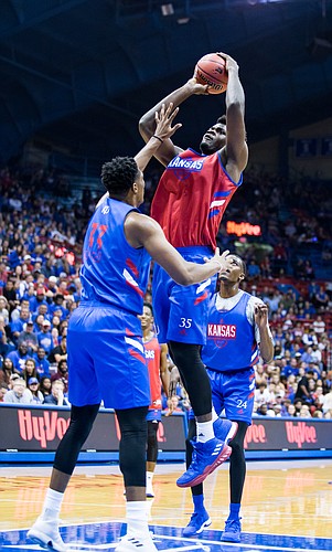 KU center Udoka Azubuike attempts a shot in the lane at Late Night in the Phog on Friday, Sept. 28, 2018 at Allen Fieldhouse.