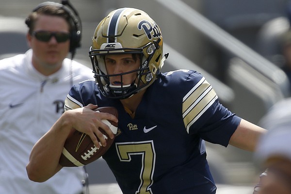 FILE — Former Pittsburgh quarterback Thomas MacVittie (7) plays in the annual Spring NCAA football scrimmage, Saturday, April 15, 2017, in Pittsburgh. MacVittie, who played the 2018 season at Mesa Community College (Ariz.) announced on Dec. 11, 2018, his plans to sign with the University of Kansas. (AP Photo/Keith Srakocic)

