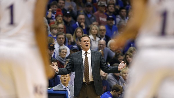 Kansas head coach Bill Self reacts to a turnover during the first half of an NCAA college basketball game against Eastern Michigan Saturday, Dec. 29, 2018, in Lawrence, Kan.