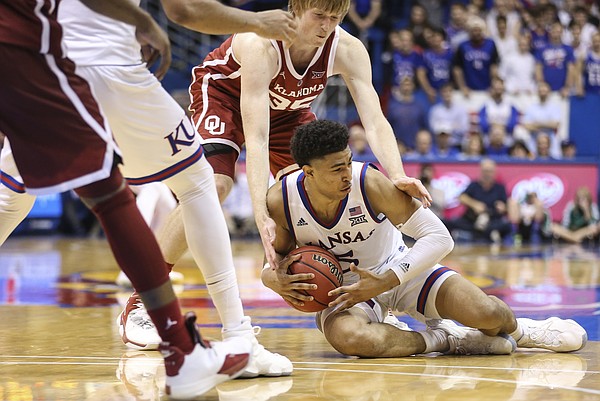 Kansas guard Quentin Grimes (5) recovers a ball after losing it on the dribble during the second half, Wednesday, Jan. 2, 2019 at Allen Fieldhouse.