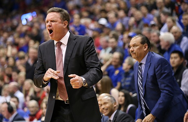 Kansas head coach Bill Self gets heated after a call agains the Jayhawks during the second half, Wednesday, Jan. 9, 2019 at Allen Fieldhouse.