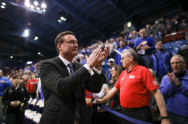 Kansas head coach Bill Self claps his hands as the leaves the court following the Jayhawks' 80-76 win over the Cyclones on Monday, Jan. 21, 2019 at Allen Fieldhouse.