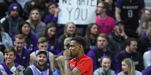 Kansas guard Lagerald Vick (24) takes some jeers as he and the Jayhawks take the court for warmups, Tuesday, Feb. 5, 2019 at Bramlage Coliseum.