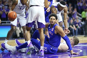 Kansas forward Dedric Lawson (1) reacts after being called for a charge during the first half, Tuesday, Feb. 5, 2019 at Bramlage Coliseum.