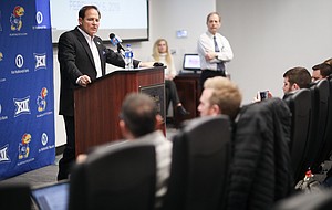 New Kansas head football coach Les Miles talks about his first recruiting class during his National Signing Day press conference on Wednesday, Feb. 6, 2019 in Mrkonic Auditorium.