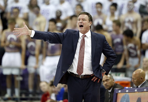 Kansas head coach Bill Self instructs his team in the first half of an NCAA college basketball game against TCU in Fort Worth, Texas, Monday, Feb. 11, 2019. (AP Photo/Tony Gutierrez)