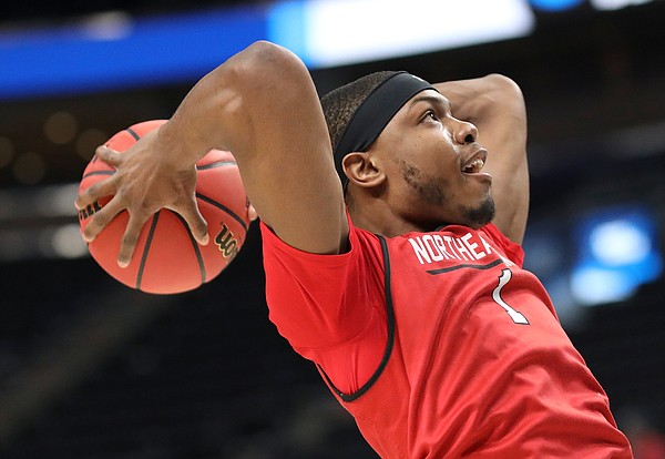Northeastern guard Shawn Occeus (1) pulls back for a dunk on Wednesday, March 20, 2019 at Vivint Smart Home Arena in Salt Lake City, Utah. Teams practiced and gave interviews to media members before Thursday's opening round games.