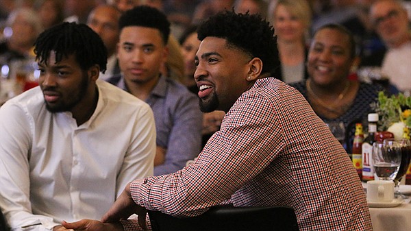 Dedric Lawson, this year's winner of the Danny Manning Mr. Jayhawk Award, watches the action during Tuesday's KU basketball banquet at the Burge Union on KU's campus. (Photo courtesy of Kansas Athletics) 