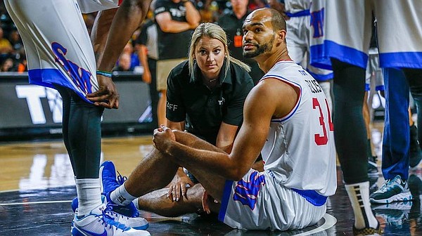 Former KU forward Perry Ellis, shortly after injuring his right knee in the TBT event in Wichita on July 25, 2019. (Photo courtesy Perry Ellis' Facebook page) 