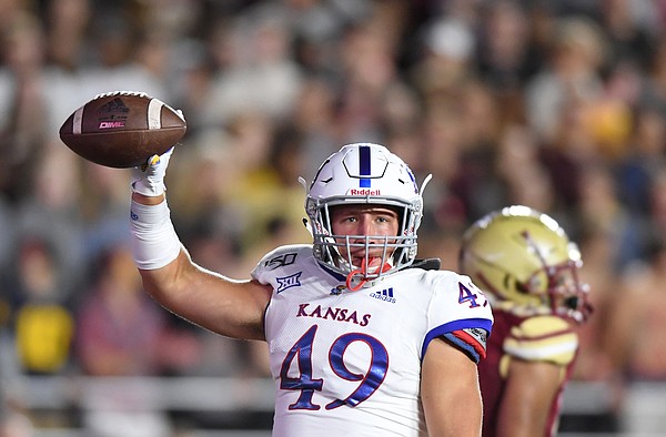 (Boston, MA, 09/13/19) Kansas Jayhawks fullback Hudson Hall (49) celebrates after scoring a touchdown against the Boston College Eagles during the first half of an NCAA football game at Boston College in Boston, Mass., on Friday, September 13, 2019.