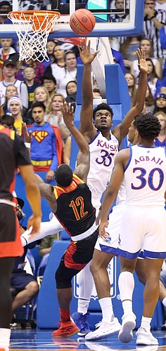 Kansas center Udoka Azubuike (35) defends against Pittsburg State forward Dejon Waters, Jr. (12) during the first half, Thursday, Oct. 31, 2019 at Allen Fieldhouse.