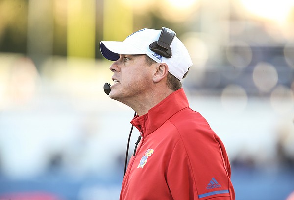 Kansas defensive coordinator D.J. Eliot shows his frustration during the fourth quarter on Saturday, Nov. 2, 2019 at Memorial Stadium.
