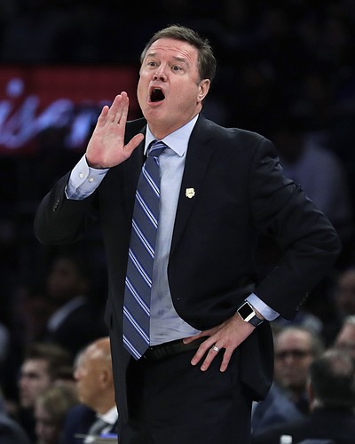 Kansas coach Bill Self shouts to his team during the second half of an NCAA college basketball game against Duke on Tuesday, Nov. 5, 2019, in New York. (AP Photo/Adam Hunger)