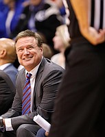Kansas head coach Bill Self has a laugh with a game official during the second half, Tuesday, Dec. 10, 2019 at Allen Fieldhouse.