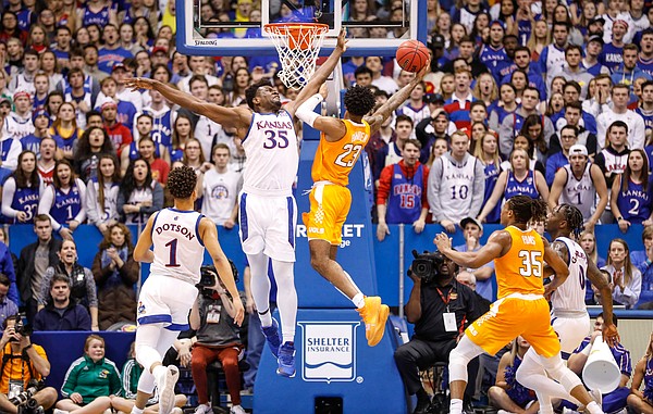 Kansas center Udoka Azubuike (35) contests a shot from Tennessee guard Jordan Bowden (23) during the second half, Saturday, Jan. 25, 2019 at Allen Fieldhouse.