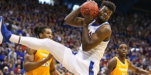 Kansas center Udoka Azubuike (35) comes away with an offensive rebound during the first half, Saturday, Jan. 25, 2019 at Allen Fieldhouse.