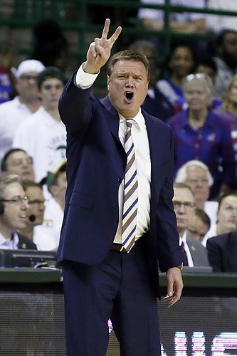 Kansas head coach Bill Self calls a play from the bench against Baylor during the second half of an NCAA college basketball game on Saturday, Feb. 22, 2020, in Waco, Texas. (AP Photo/Ray Carlin)